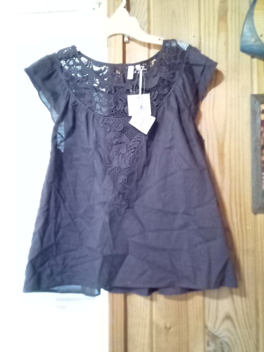 Madison Women's L Brown Cotton Short Sleeve Top With Floral Crochet Neckline